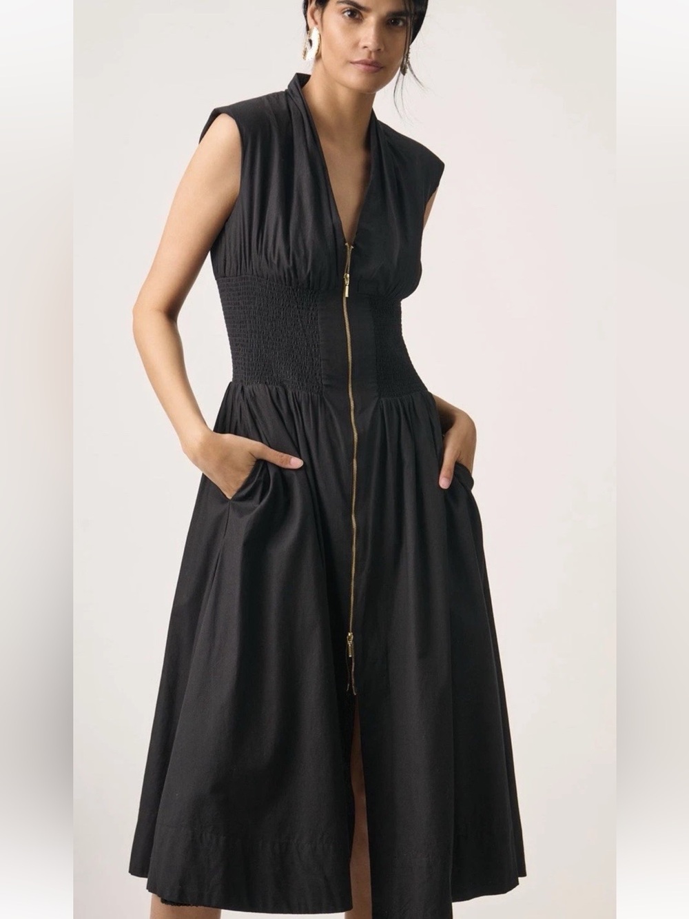 By Anthropologie Tommie Cap-Sleeve Smocked Front-Zip Shirt Dress Black Size XS